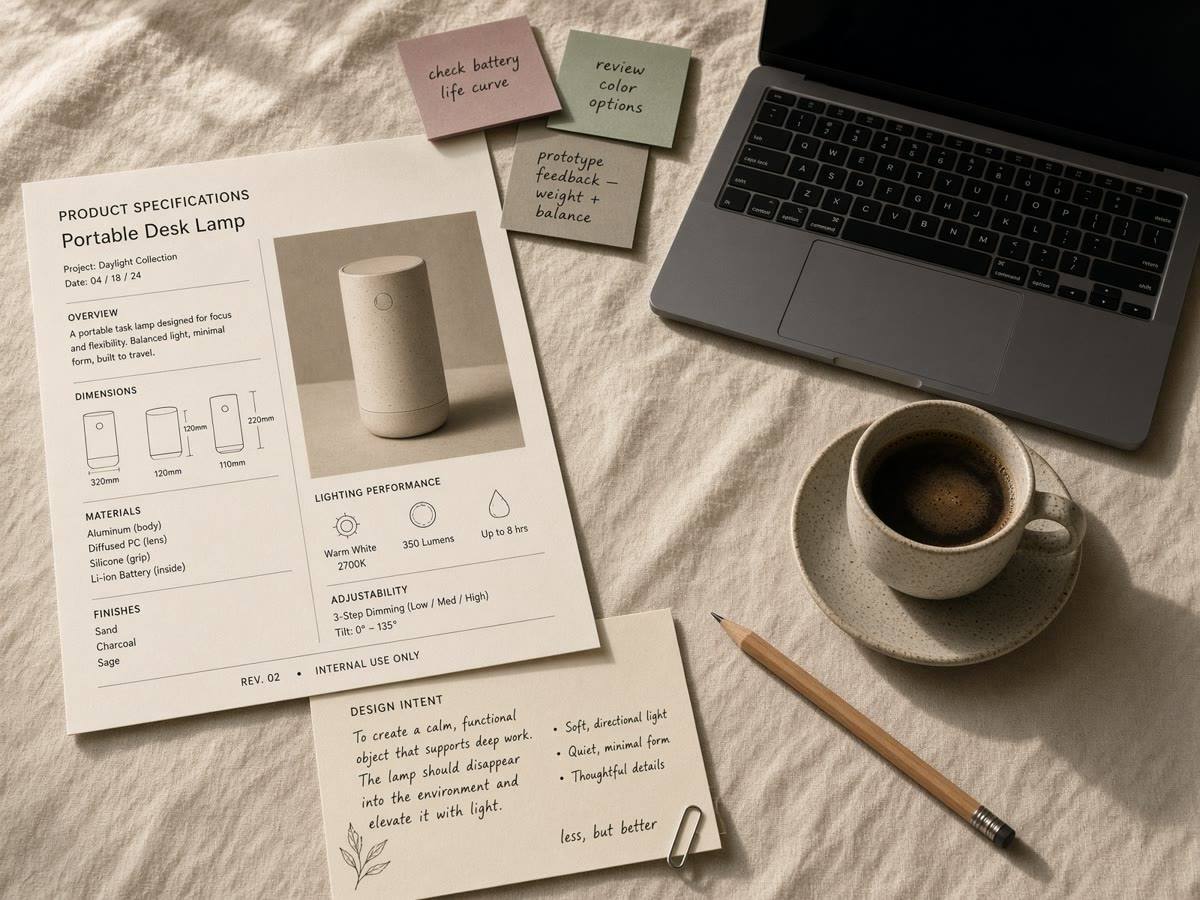 Product documentation spread across a sunlit desk